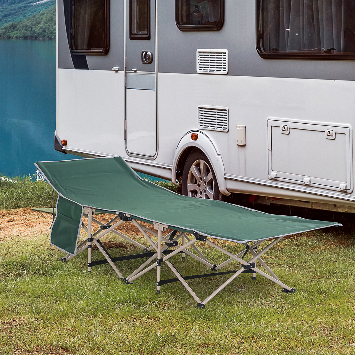 Outsunny Single Folding Camping Cot with Steel Frame, Side Pocket & Carry Bag – Portable Camp Bed, Green