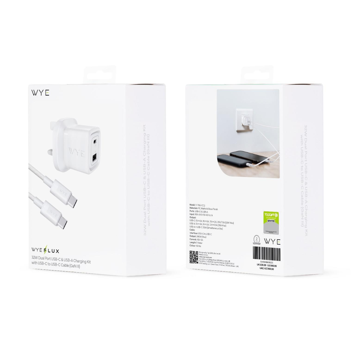 WYEFLUX 32W Dual Port USB-C & USB-A GaN III Charging Kit with USB-C to USB-C Cable – Fast Charger