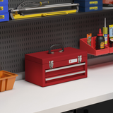 DURHAND Lockable 2 Drawer Steel Tool Chest with Ball Bearing Slides and Top Compartment – DIY Storage, Red