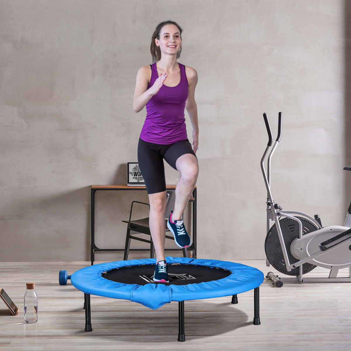 HOMCOM Foldable Mini Fitness Trampoline with 30 Springs – Portable Exercise Rebounder for Home Workouts, Blue