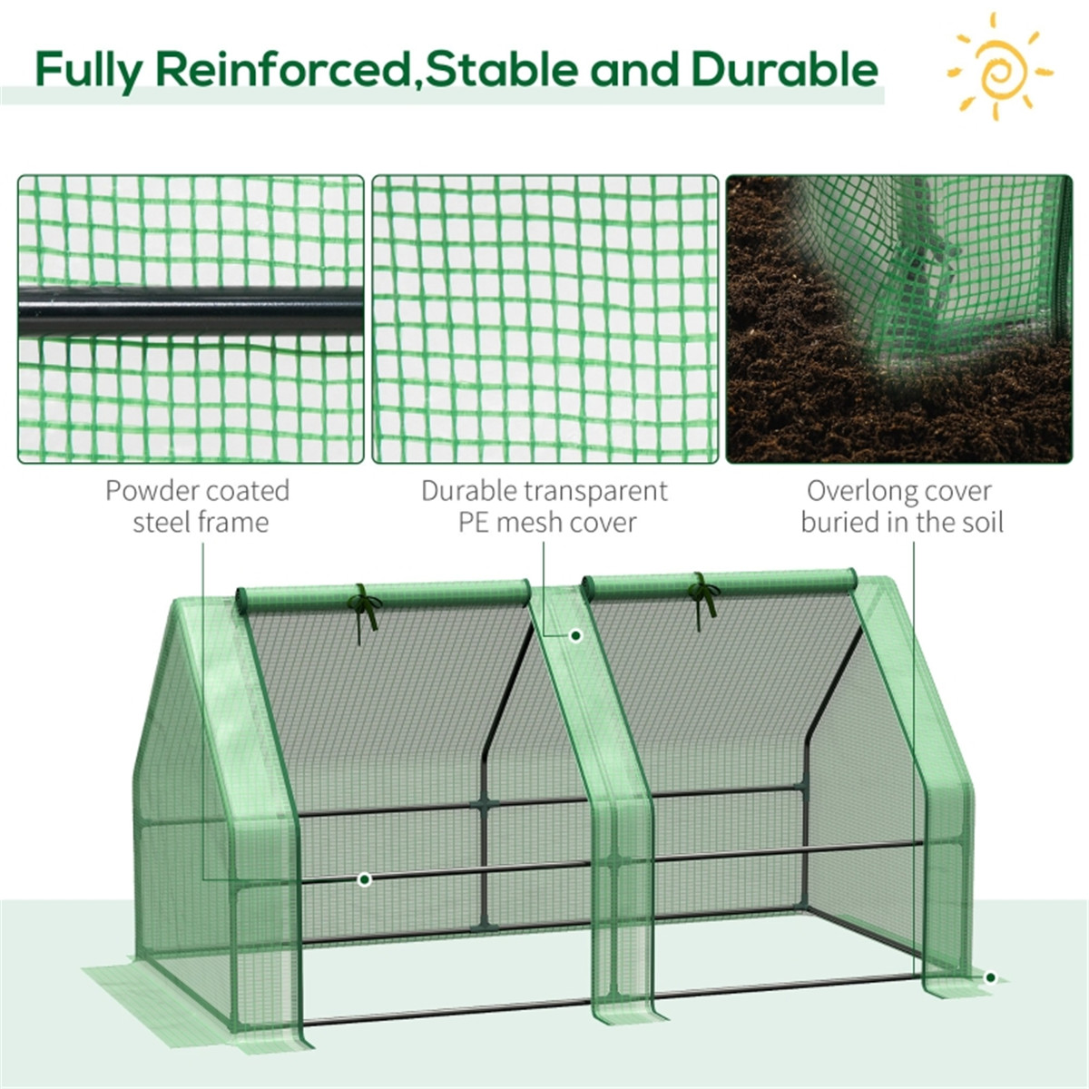 Mini Tunnel Greenhouse with 3 Roll-up Zipped Doors – Steel Frame PE Cover Grow Tunnel, 5.9 x 3 x 3ft, Green