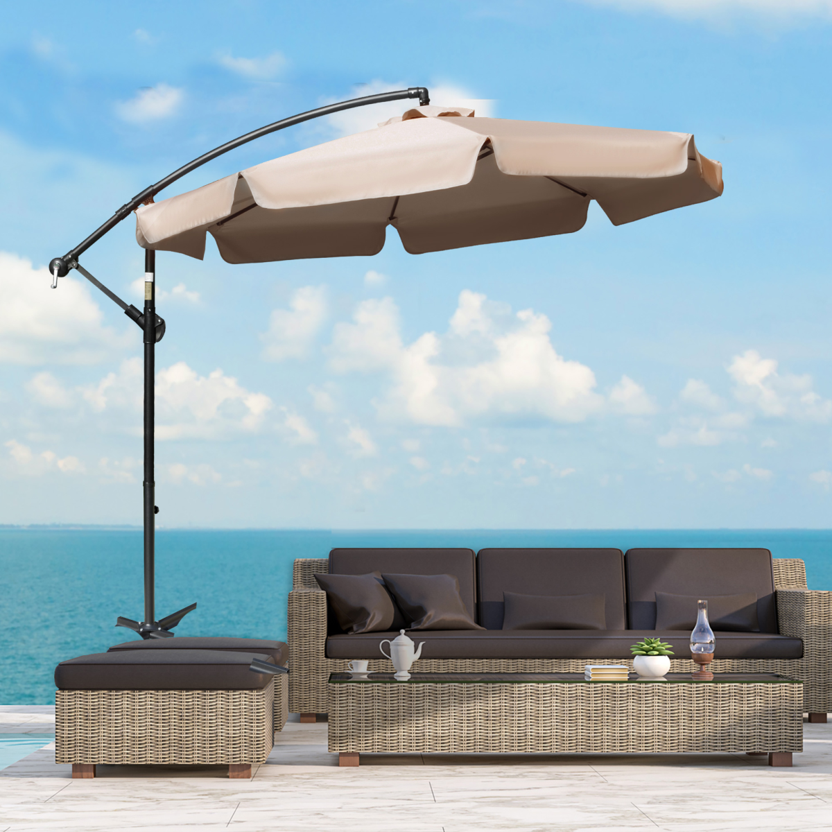 Outsunny 2.7m Cantilever Banana Parasol with Crank Handle, Vented Canopy & Cross Base – Sun Shade, Light Brown