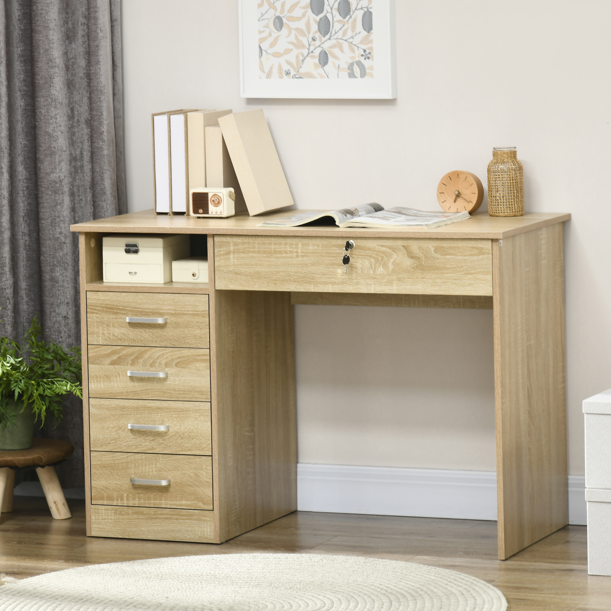 Computer Writing Desk with 5 Drawers & Lockable Drawer – Oak Home Office Desk with Open Shelf
