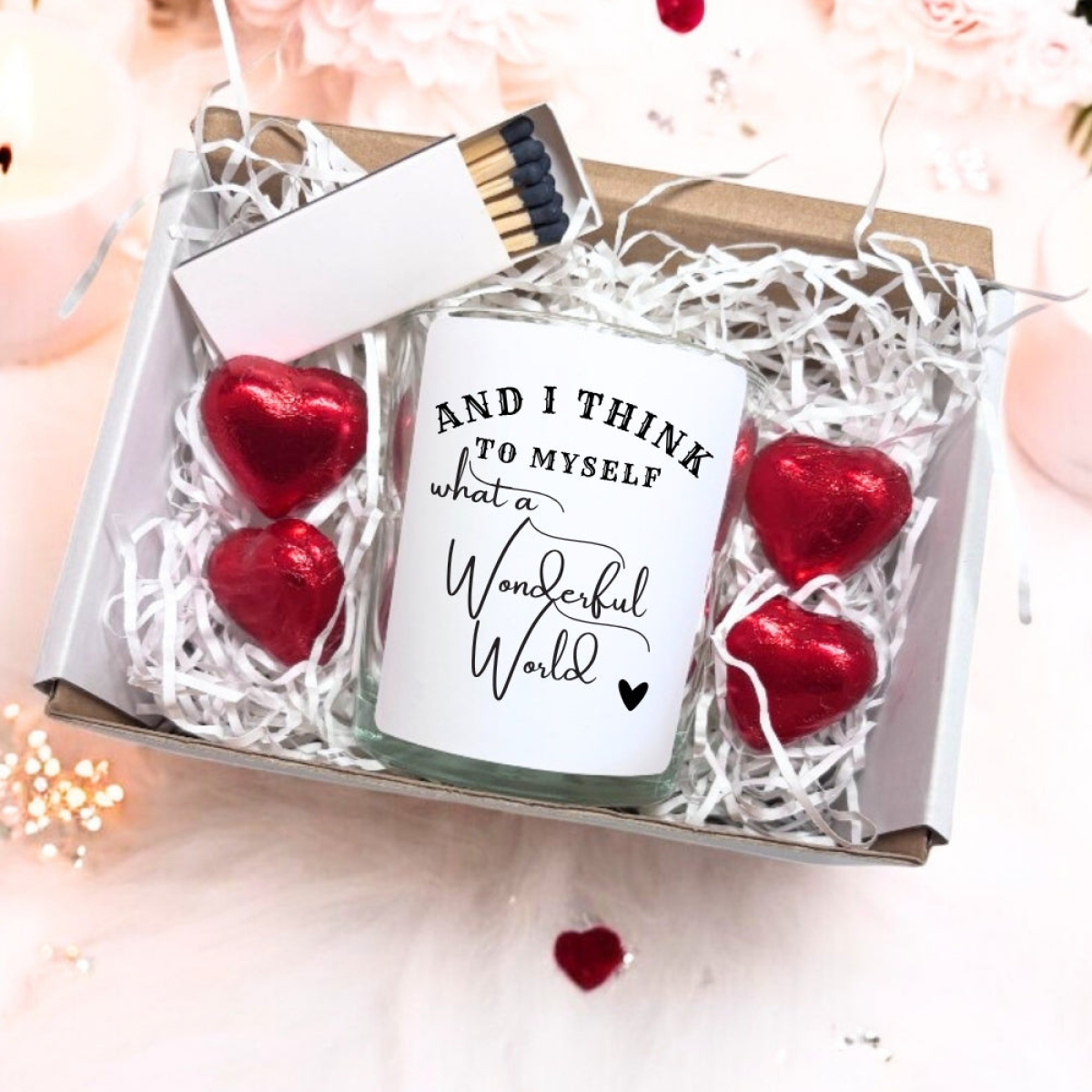 Aye Do Gifts What A Wonderful World Candle Gift Set with Fresh Linen Scent, Chocolates & Matches