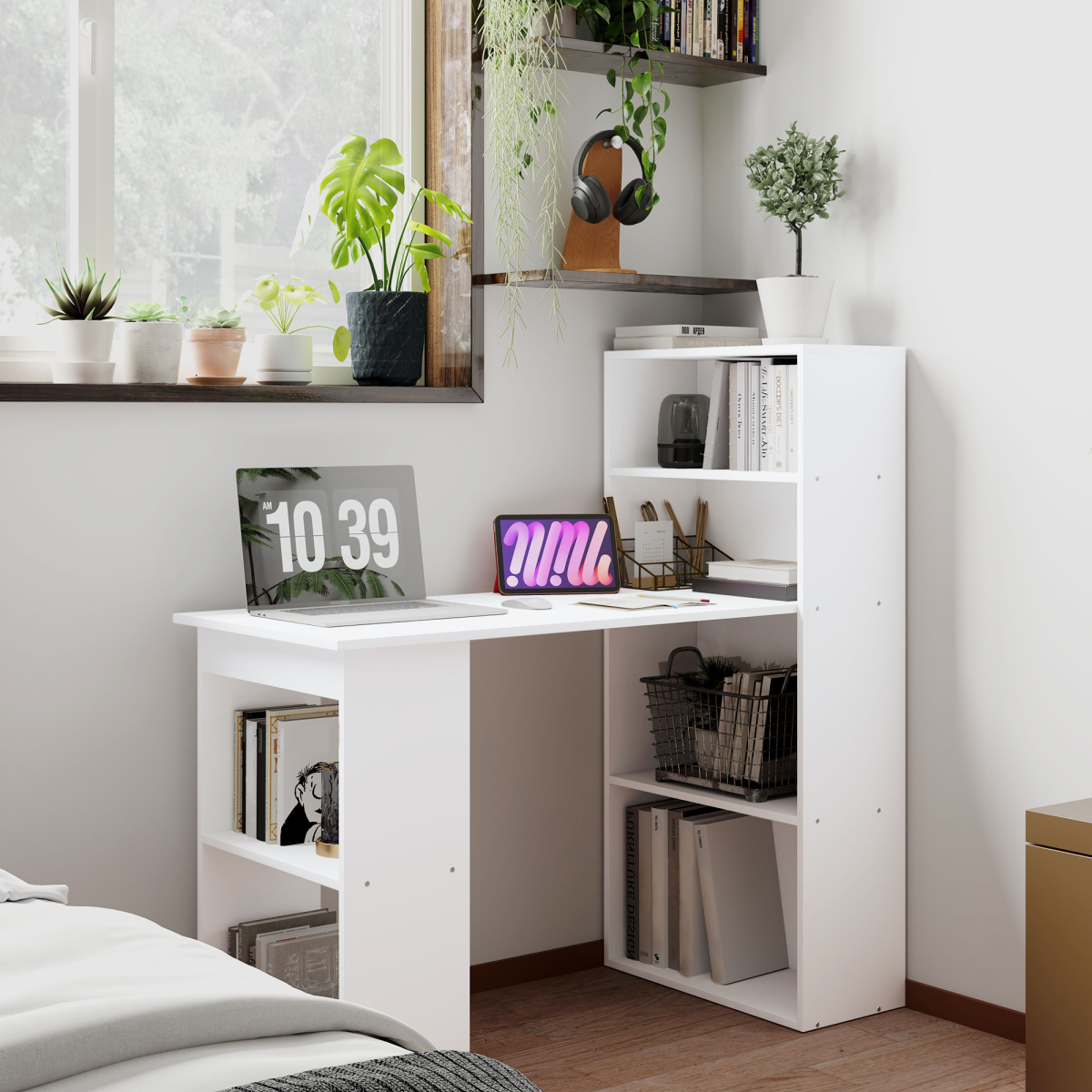 HOMCOM Computer Desk with 6 Shelves and Cubbies – Space-Saving Home Office Workstation, White