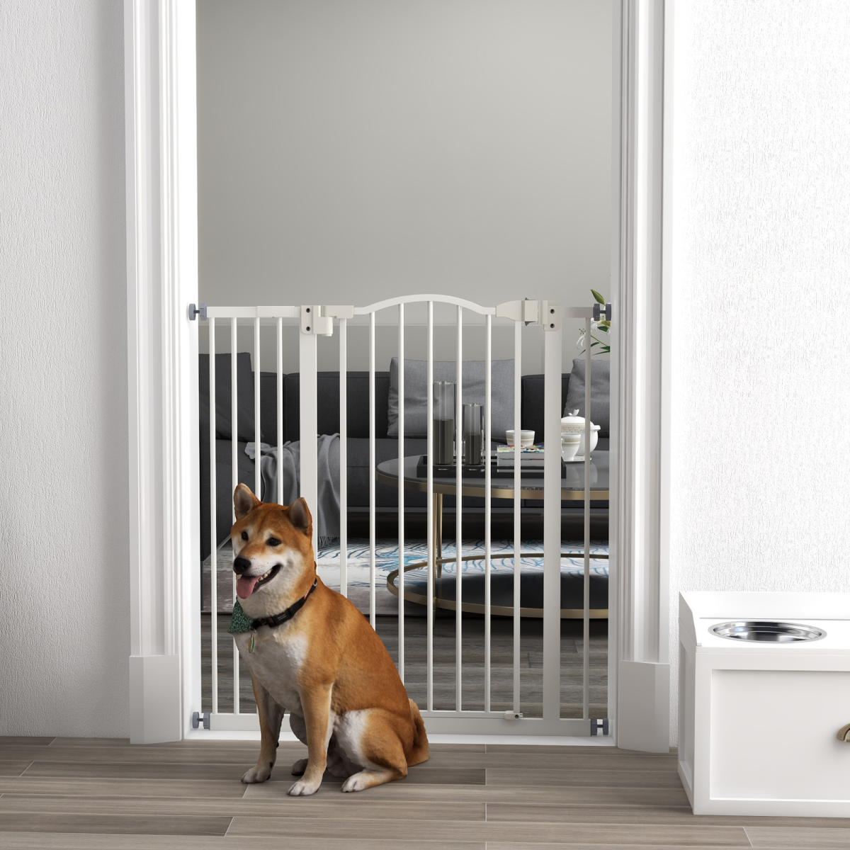PawHut Adjustable Metal Pet Gate, 74–94cm Safety Barrier with Auto-Close Door – Dog Stair Gate, White