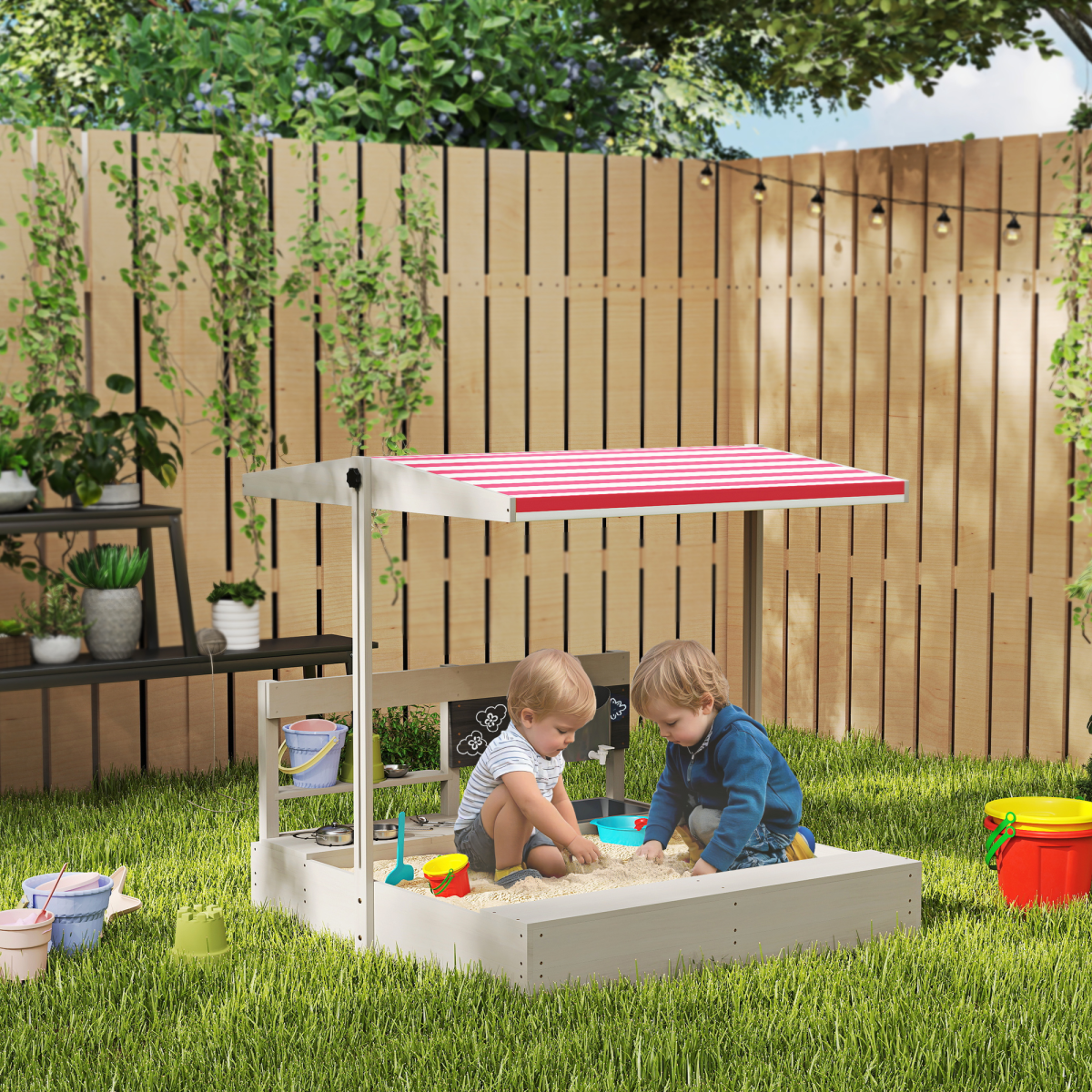 Outsunny Kids Wooden Sandbox with Canopy, Play Kitchen Accessories and Storage Shelf – Outdoor Sandpit