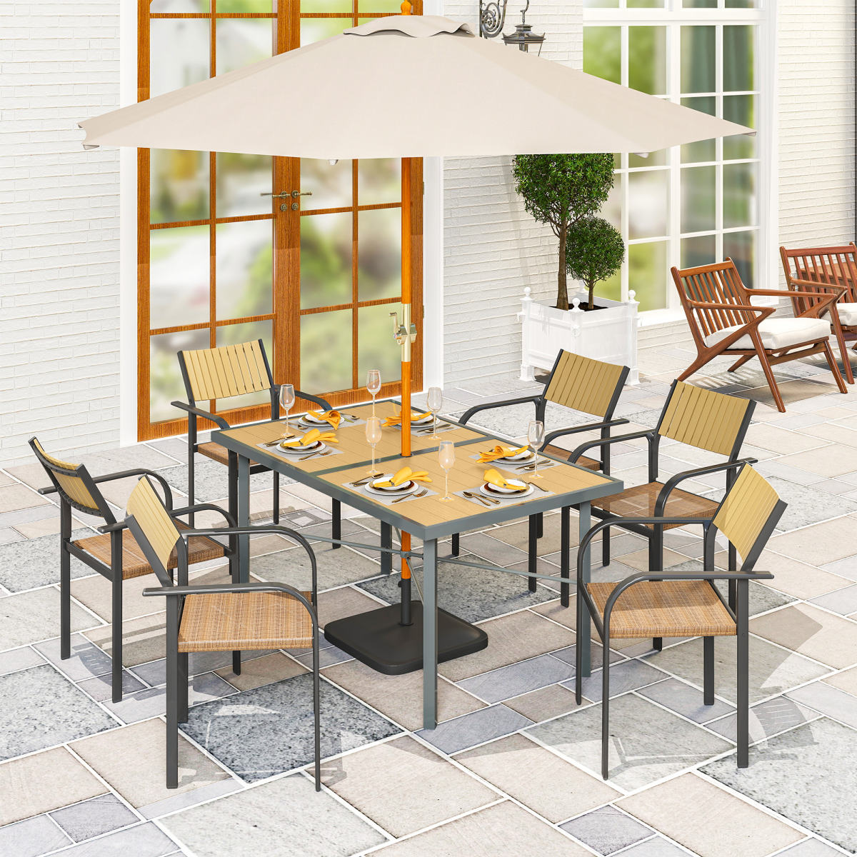 Outsunny Garden Table for 6 with Wood-Effect Galvanised Steel Top & 5cm Umbrella Hole – Outdoor Dining, Grey