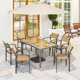 Outsunny Garden Table for 6 with Wood-Effect Galvanised Steel Top & 5cm Umbrella Hole – Outdoor Dining, Grey