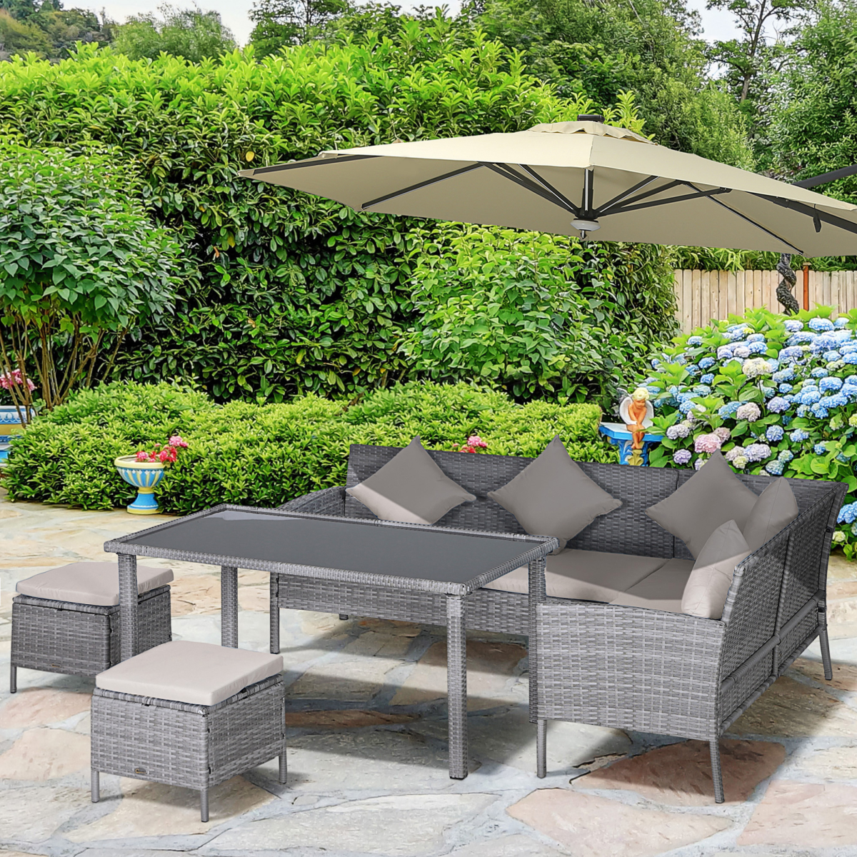 Outsunny 5-Piece PE Rattan Garden Set with 2-Seater Loungers, Footstools & Glass-Top Table – Patio Furniture