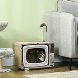 PawHut TV-Shaped Cardboard Cat House with Scratcher, Catnip and Toy Rat – 2-in-1 Cat Scratching Board