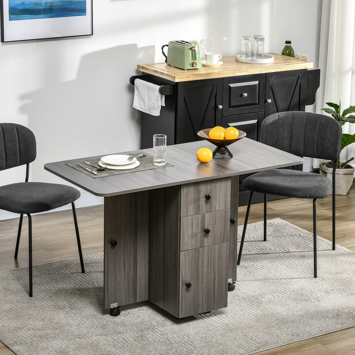 HOMCOM Drop Leaf Folding Dining Table with Storage Drawers & Cupboard – Space-Saving Kitchen Table, Grey