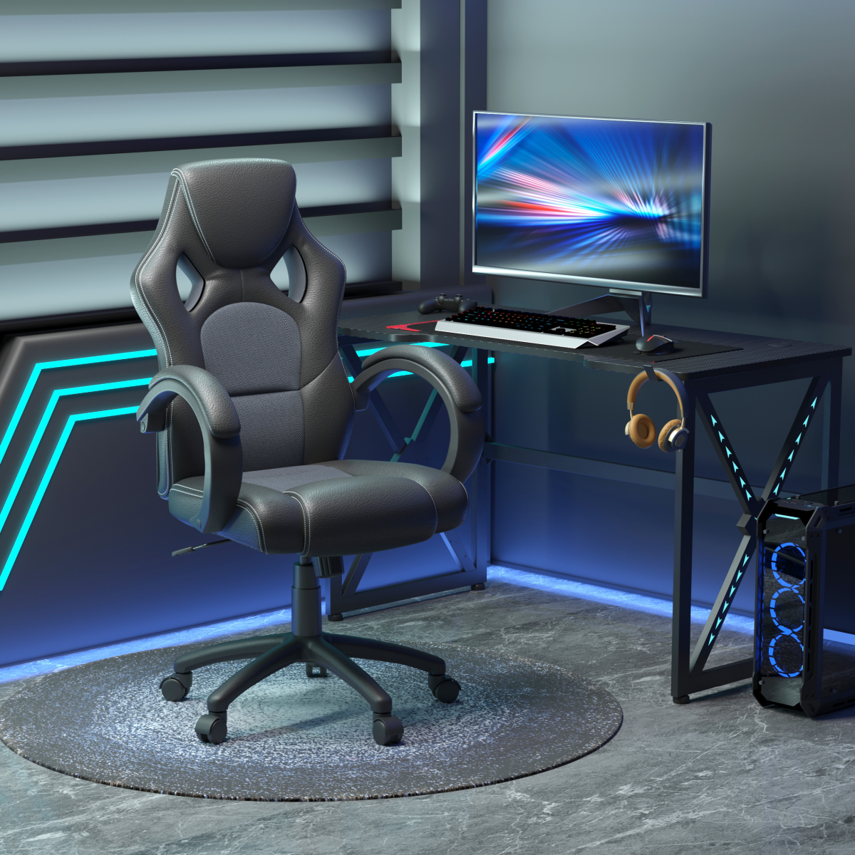 Vinsetto Executive Racing Gaming Chair with High Back, Headrest & Tilt Function – Home Office Chair, Grey PU Leather