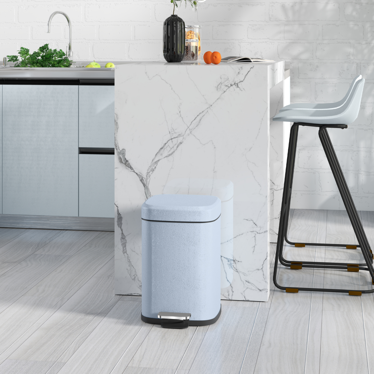 HOMCOM 12L Metal Pedal Bin with Soft-Close Lid, Hands-Free Foot Pedal – Compact Kitchen Bin, Light Blue
