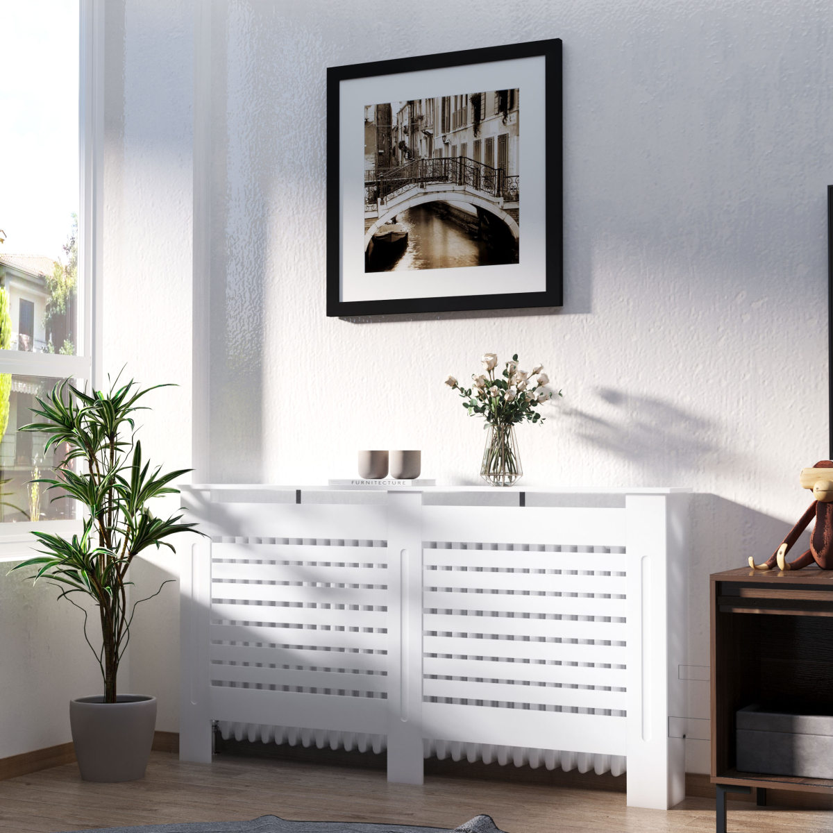 HOMCOM White Slatted MDF Radiator Cover with Top Shelf – 152cm Modern Heater Cabinet