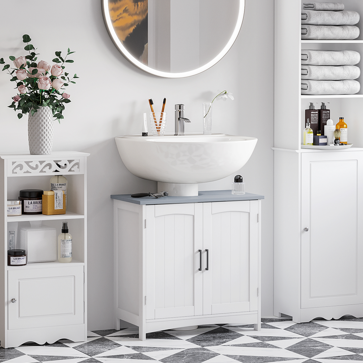 kleankin Pedestal Under-Sink Cabinet with 2 Doors & Adjustable Shelf – Bathroom Storage Vanity Unit, White