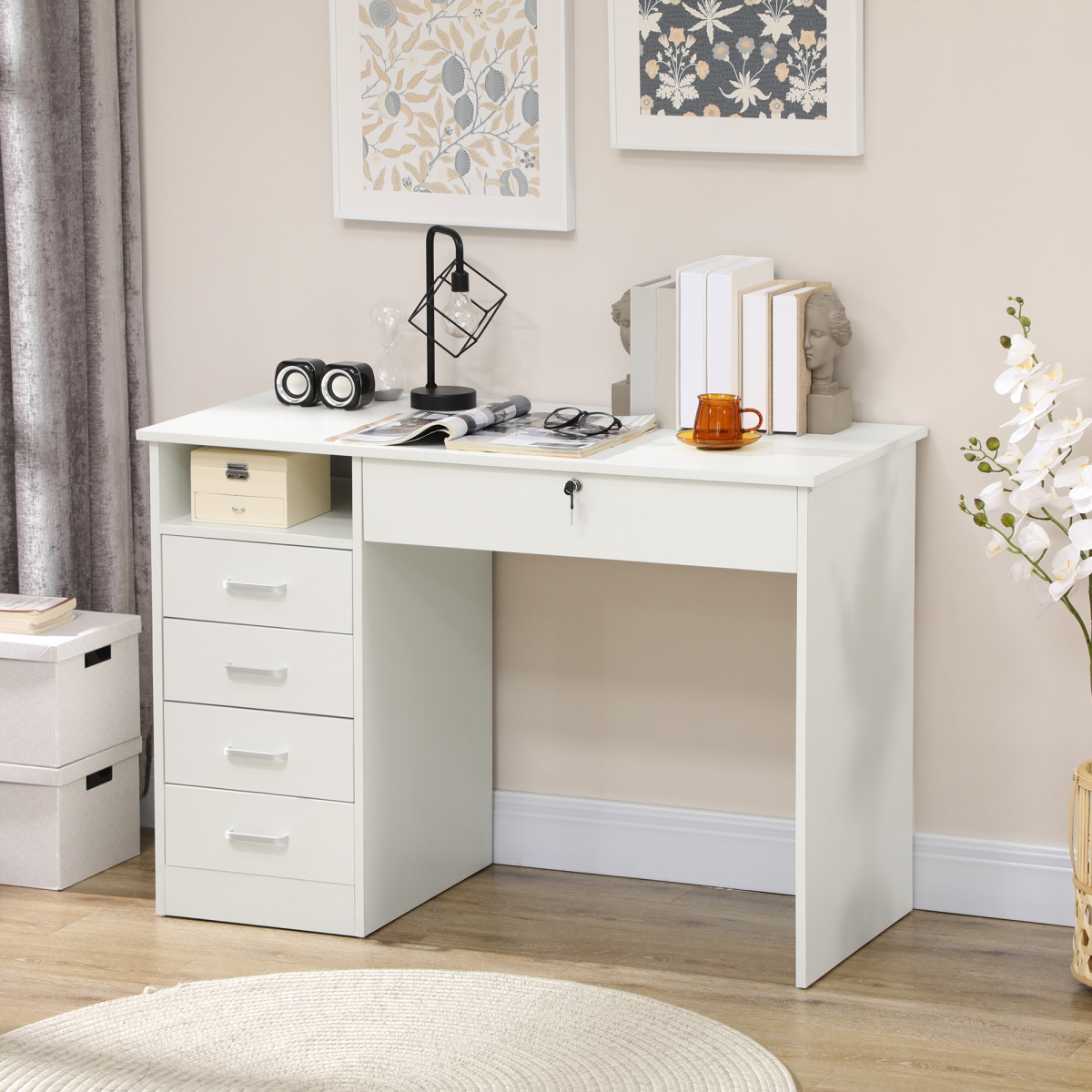 Computer Writing Desk with 5 Drawers & Lockable Drawer – White Home Office Desk with Open Shelf