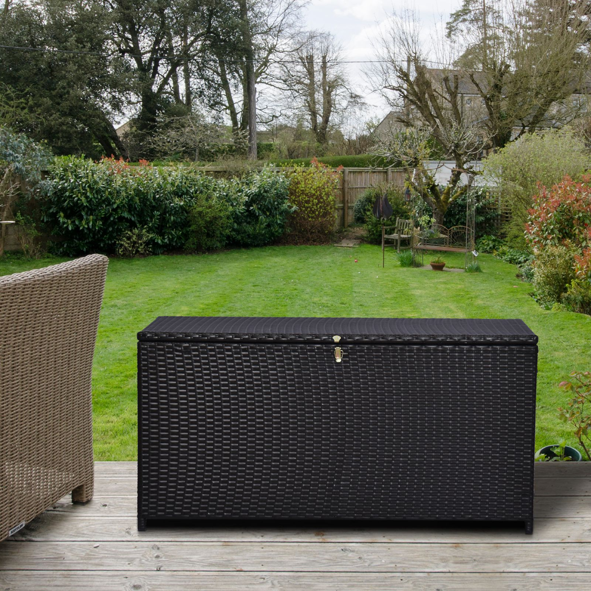 Outsunny Large Rattan Storage Box with Hydraulic Lift, 284L – Wicker Garden Chest, Outdoor Cabinet