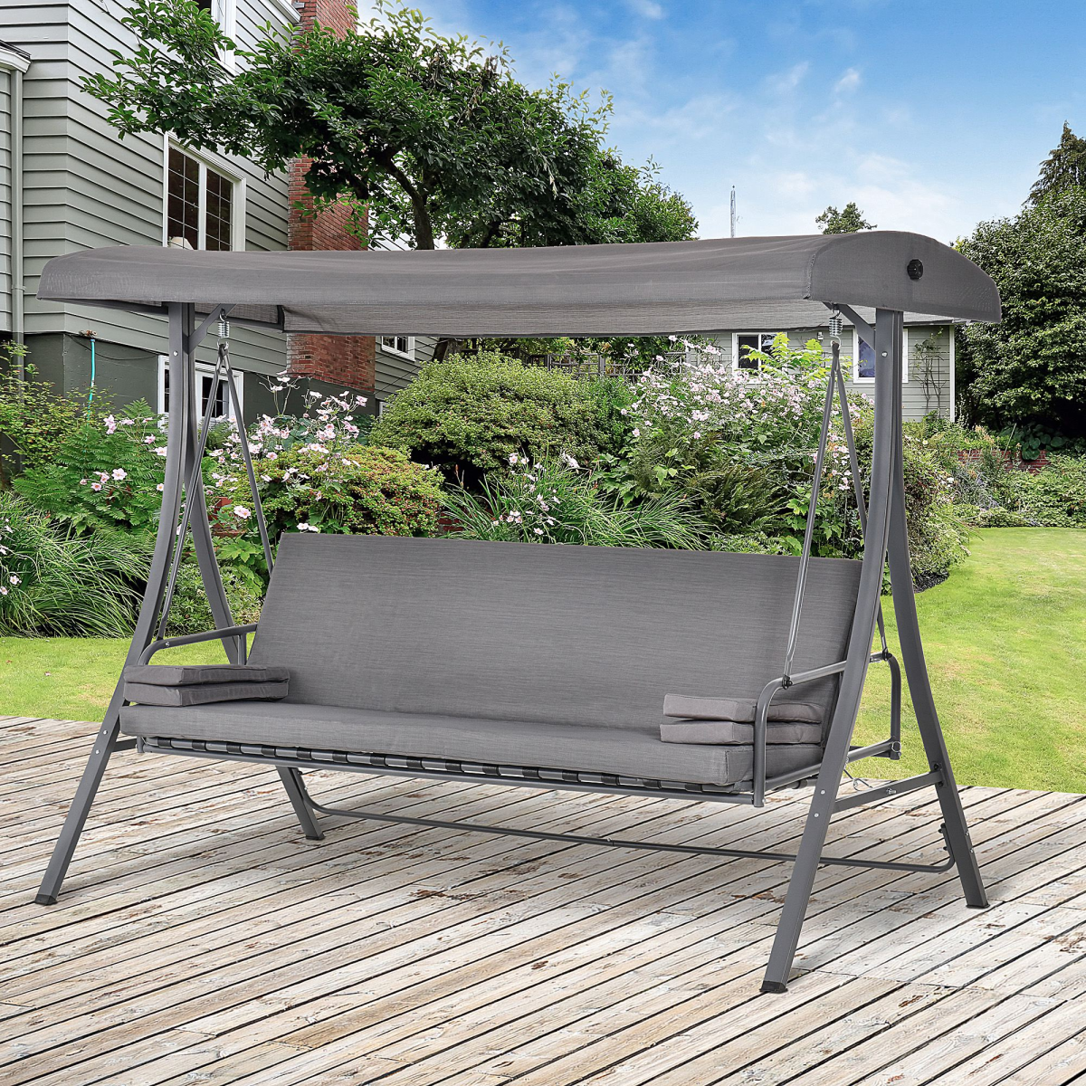Outsunny 2-in-1 3 Seater Garden Swing Bench and Hammock Bed with Adjustable Canopy – Grey