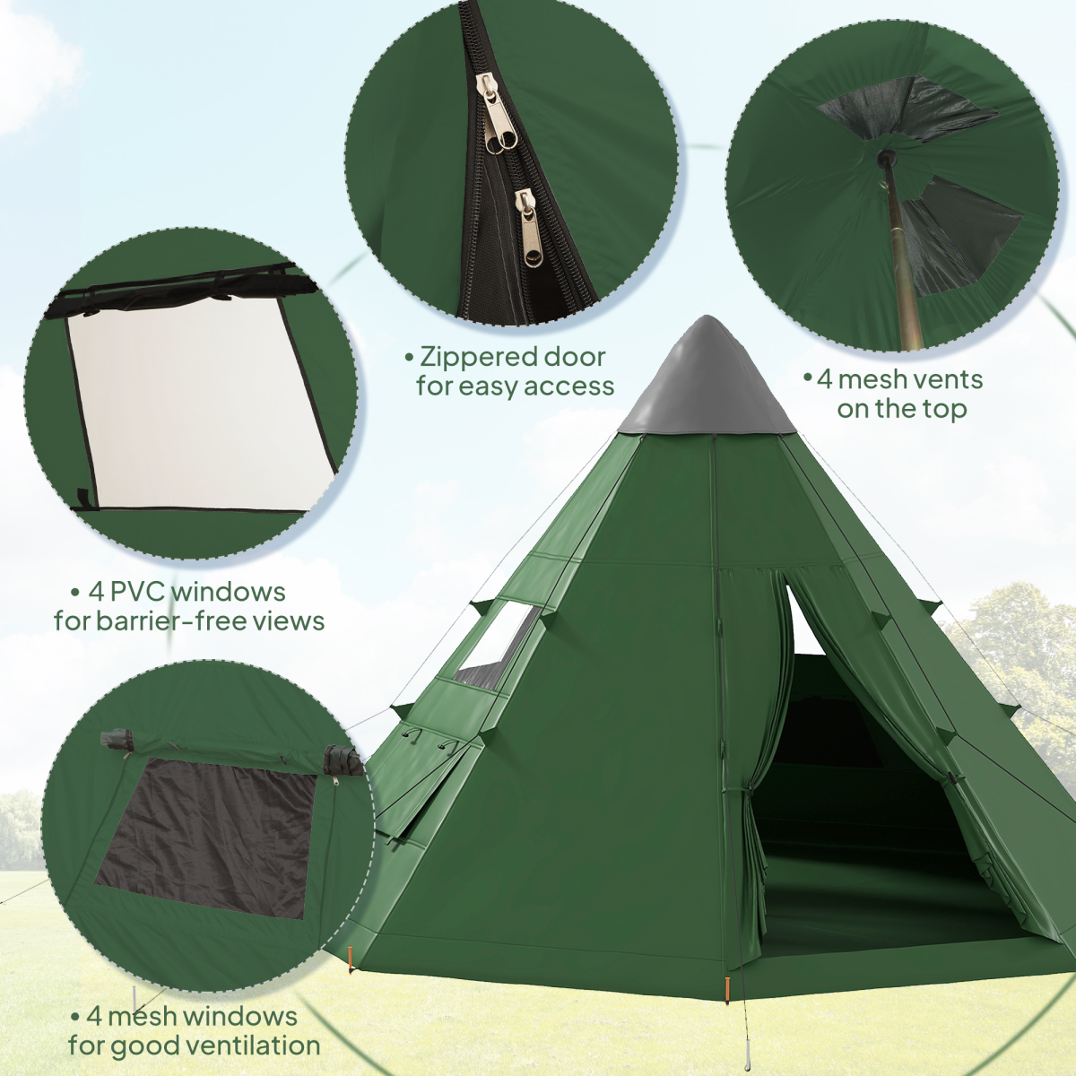 6-Person Tipi Camping Tent with Mesh Windows, Zipped Door & Carry Bag – Large Family Teepee Tent, Green & Black