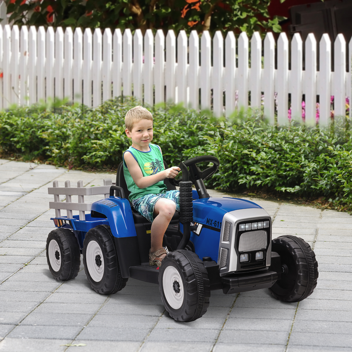 HOMCOM Ride-On Tractor with Detachable Trailer, Remote Control & Music – Kids Electric Toy, Blue