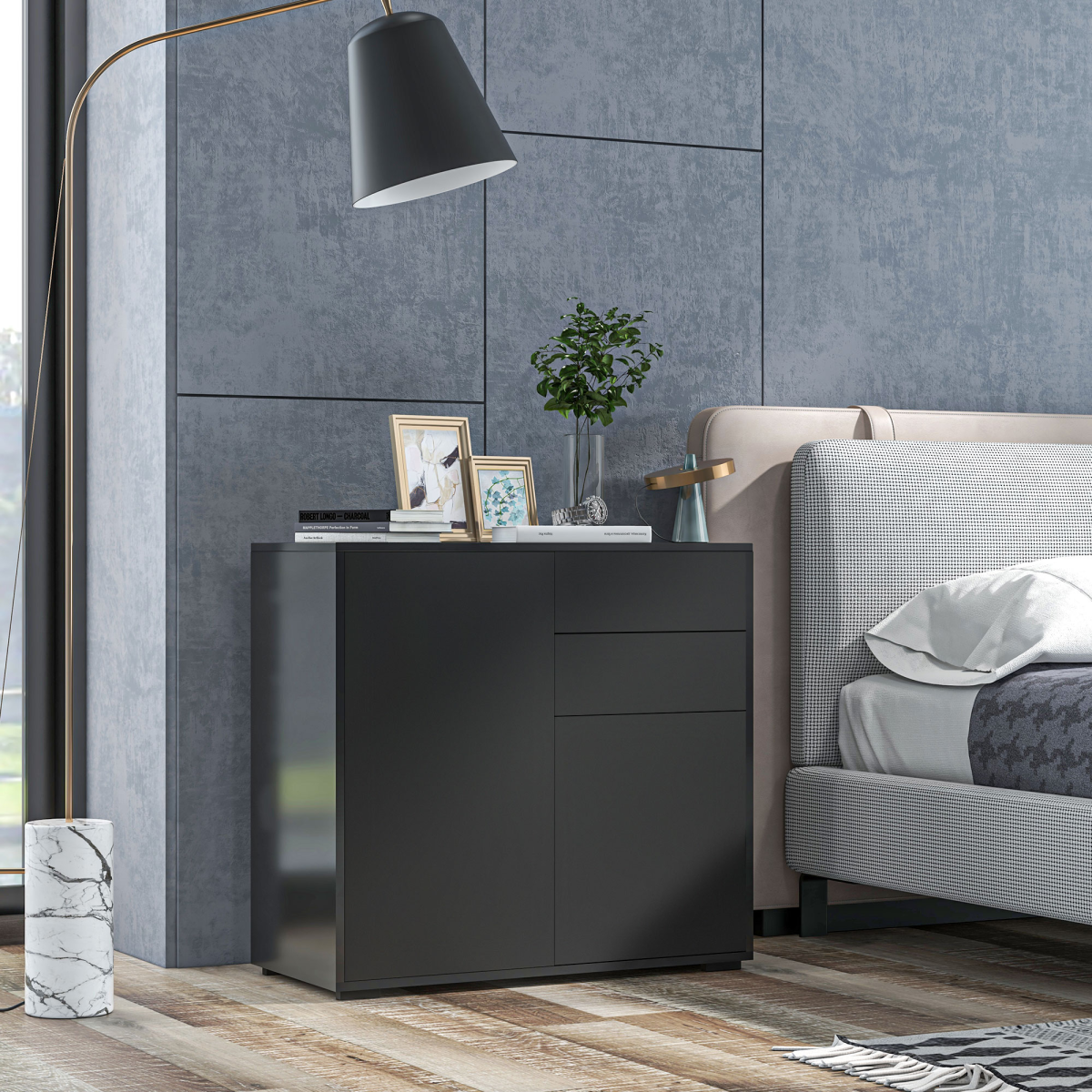 HOMCOM Gloss & Matte Side Cabinet with 2 Doors & 2 Drawers – Home Office Storage, Black