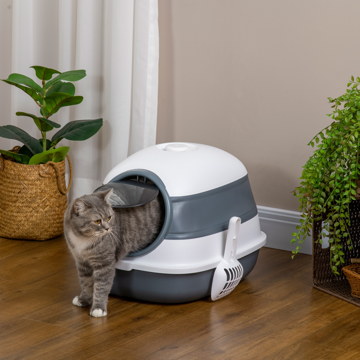 PawHut Hooded Cat Litter Tray with Lid, High Sides & Scoop – Foldable Portable Litter Box with Deodoriser