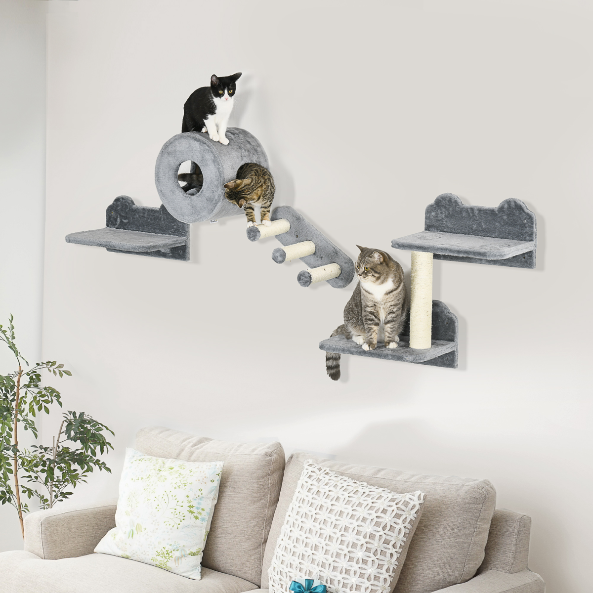 PawHut Four-Piece Wall-Mounted Cat Tree with Platforms, Steps, Perch & Cat House – Climbing Shelves, Grey