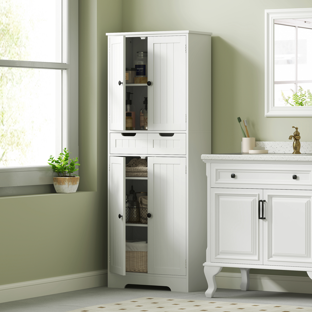 HOMCOM Tall Bathroom Cabinet with Drawer, 2 Doors and Adjustable Shelf – Slim Space-Saving Storage, White