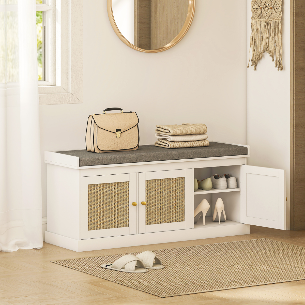 HOMCOM Shoe Storage Bench with Rattan Doors and Seat Cushion – Boho Entryway Shoe Cabinet Bench, White and Grey
