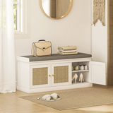 HOMCOM Shoe Storage Bench with Rattan Doors and Seat Cushion – Boho Entryway Shoe Cabinet Bench, White and Grey