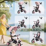 6-in-1 Kids Trike with Adjustable Backrest & Rotating Seat – Foldable Push Tricycle, 12-60 Months, Pink