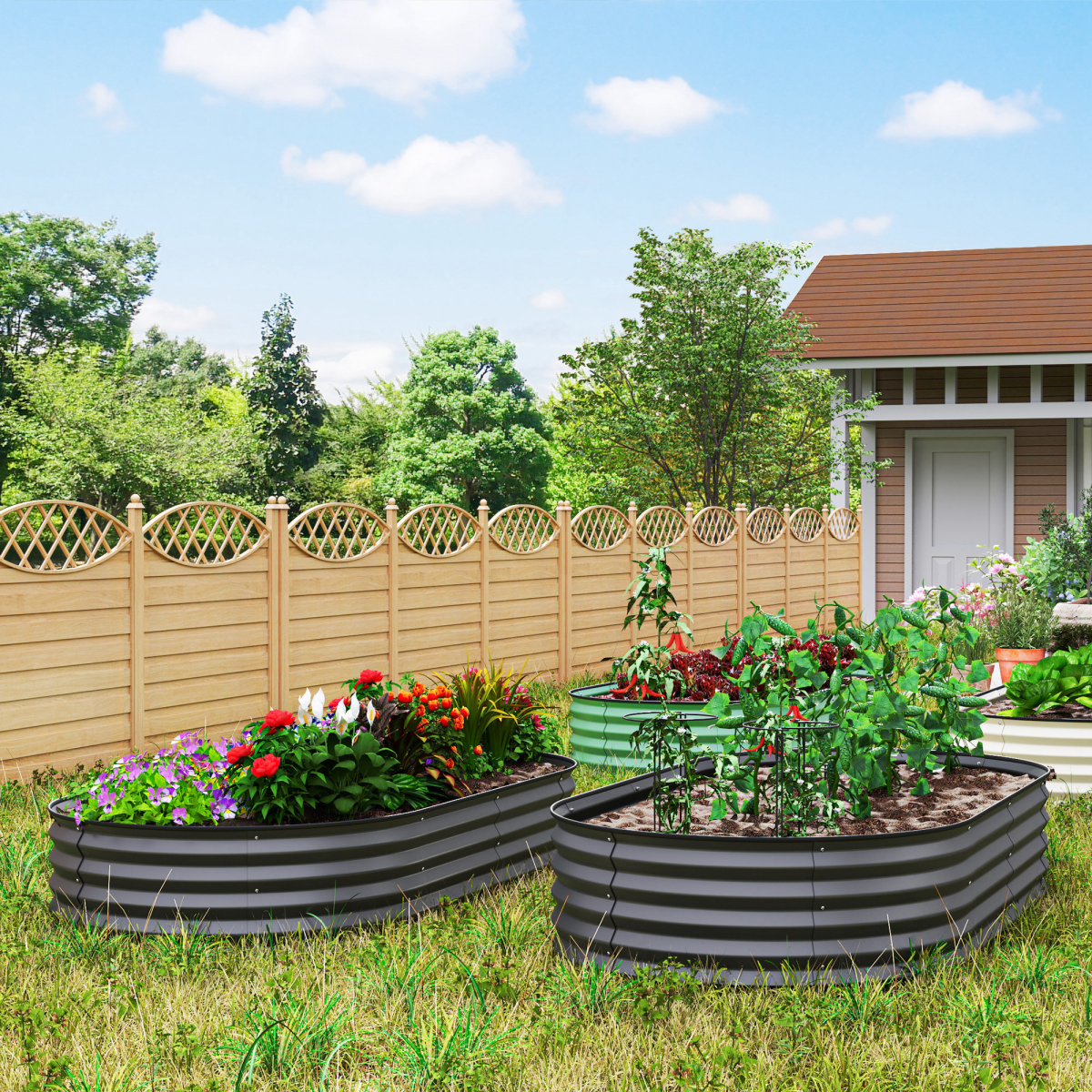 Outsunny Set of 2 Galvanised Steel Raised Garden Beds with Open Bottoms – Outdoor Planters, Dark Grey