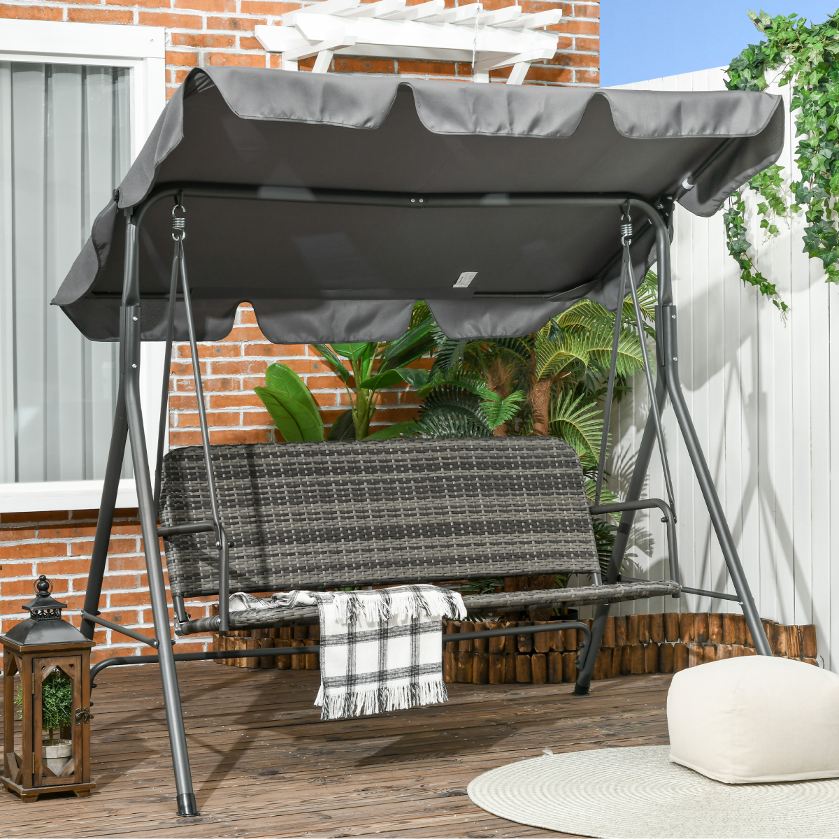 Outsunny 3-Person Rattan Hanging Swing Chair with Adjustable Canopy & Metal Stand – Garden Patio Bench