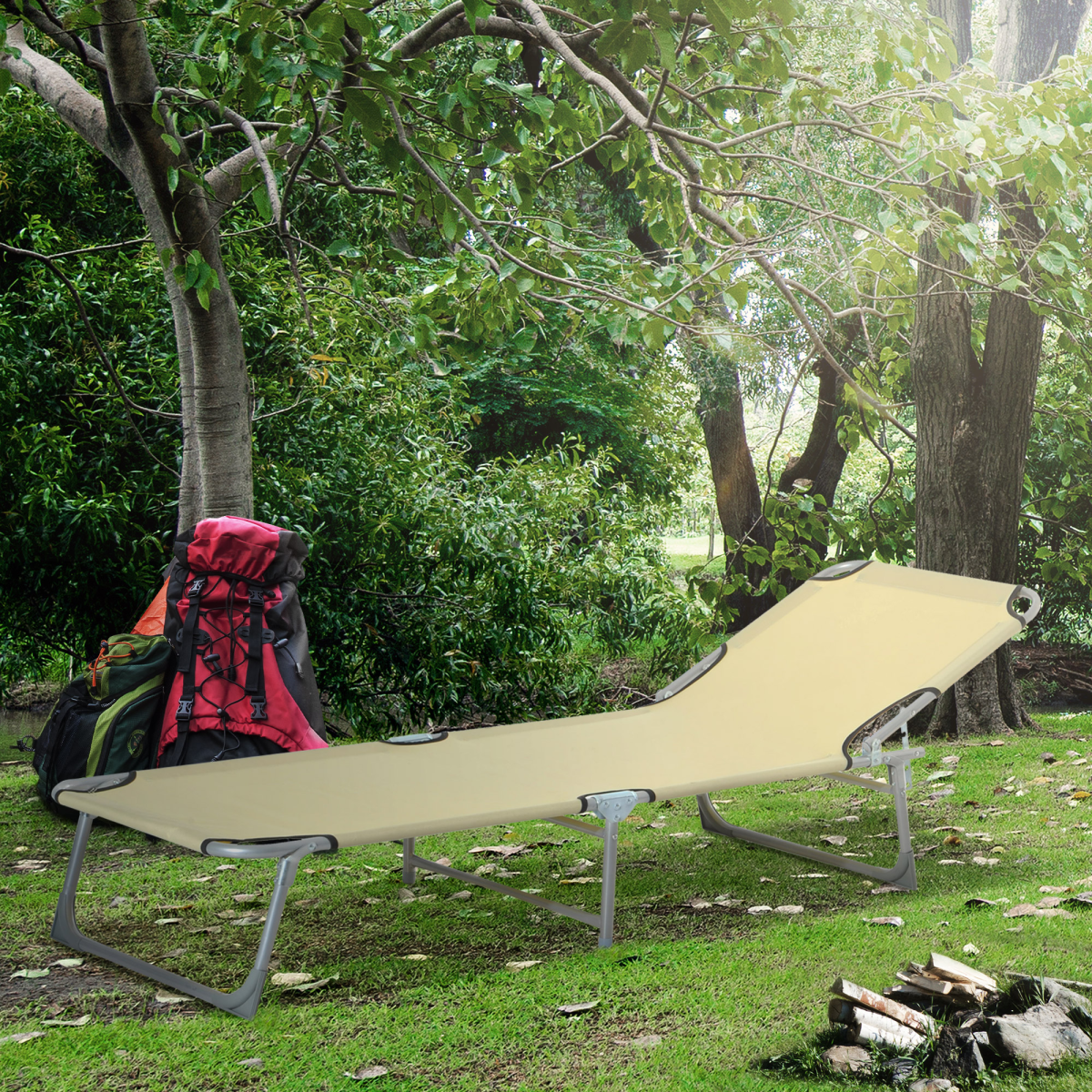Outsunny Folding Camping Cot & Sun Lounger with 4-Level Adjustable Back – Portable Camp Bed for Festivals