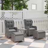 Outsunny 5-Piece Rattan Recliner Set with 2 Chairs, 2 Footstools and Glass Table – Garden Lounge, Light Grey