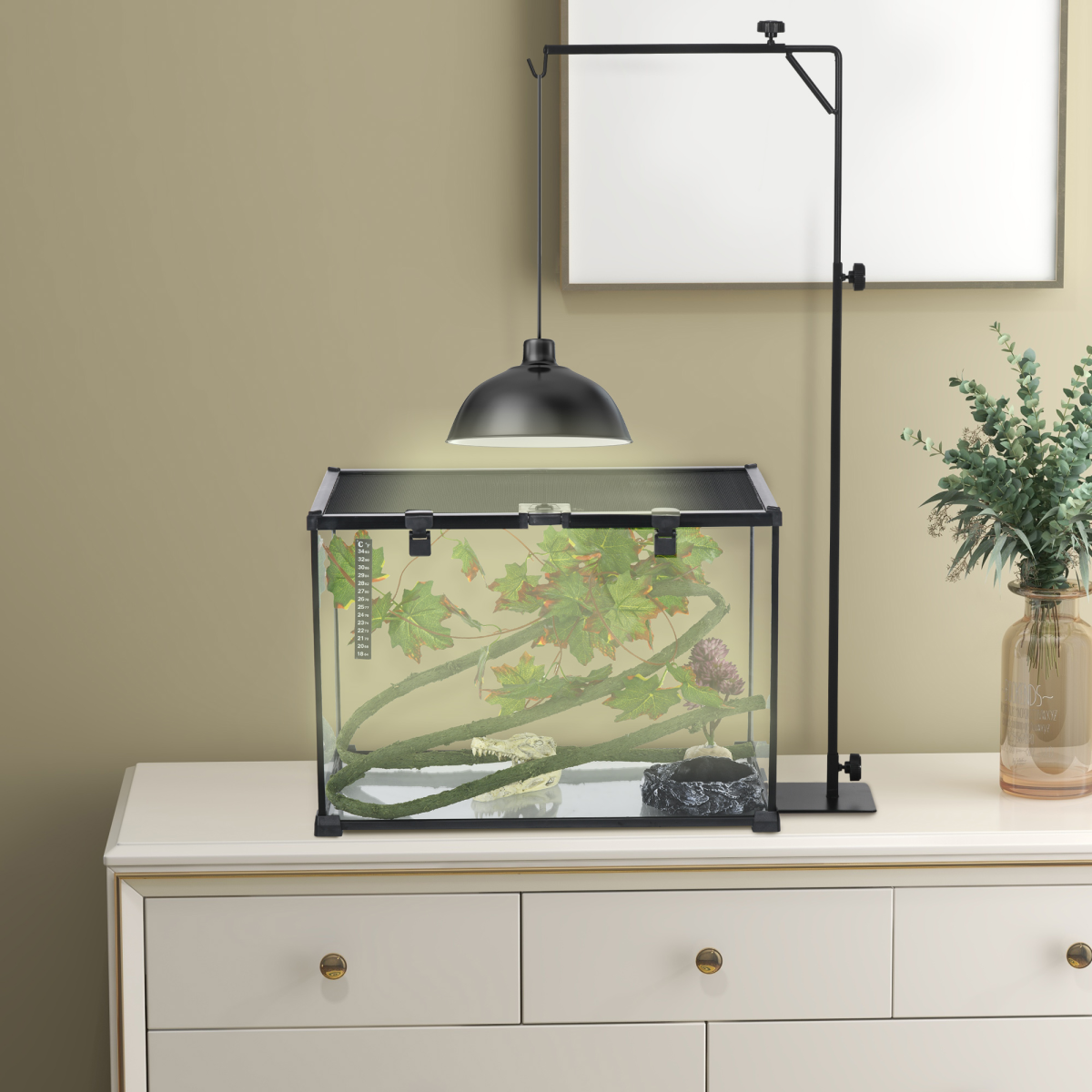 PawHut Reptile Lamp Stand with 86-129cm Adjustable Height, Steel Base & Hook – Heat Lamp Holder, Black