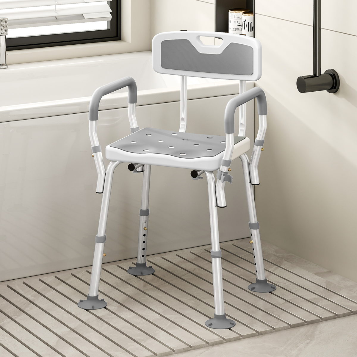 HOMCOM Padded Shower Stool with Arms, Back & 4 Suction Foot Pads – Height Adjustable Bath Seat, Grey