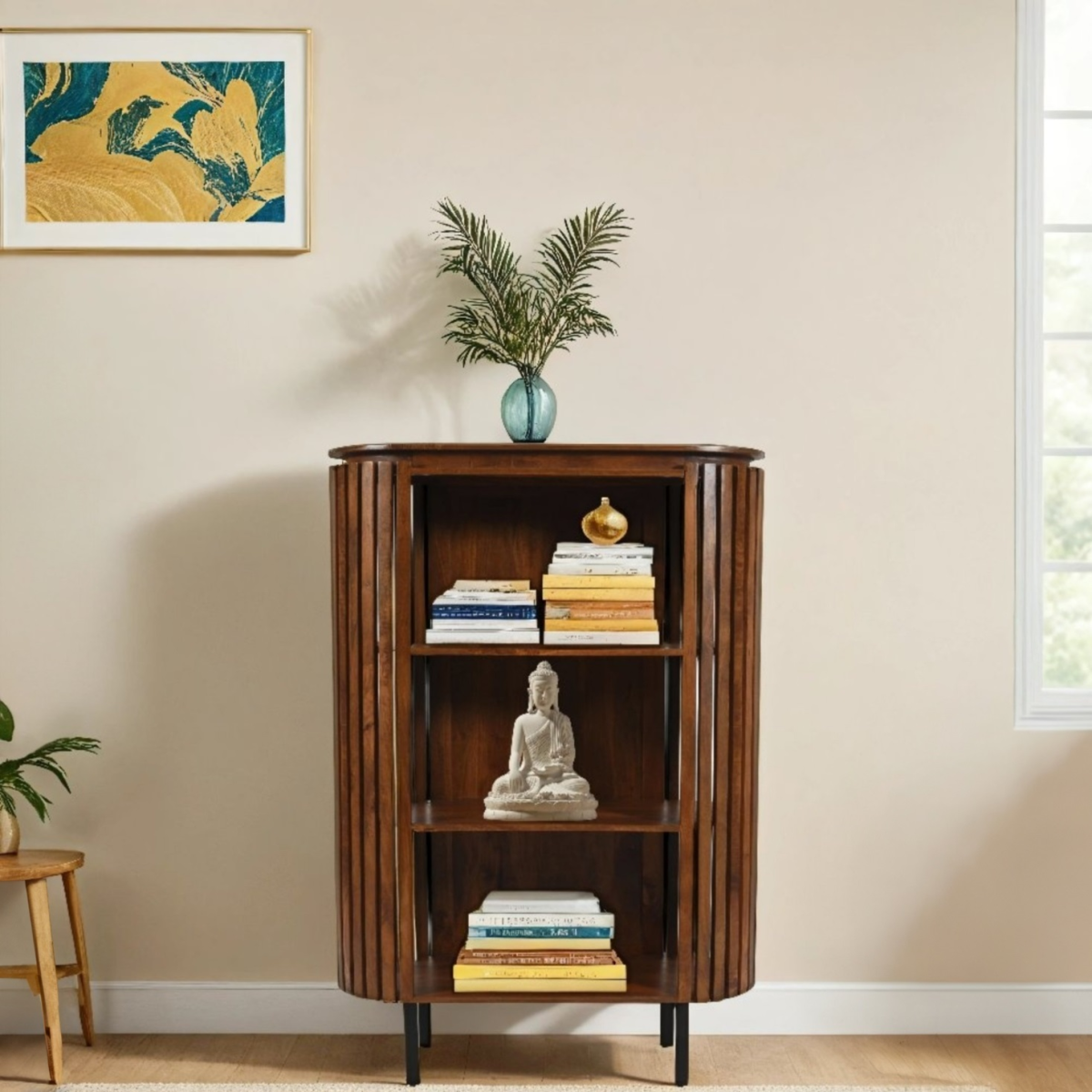 Indian Hub Slatted Mango Wood Medium Bookcase with Open Shelves – Hand-Crafted Storage, Natural Finish