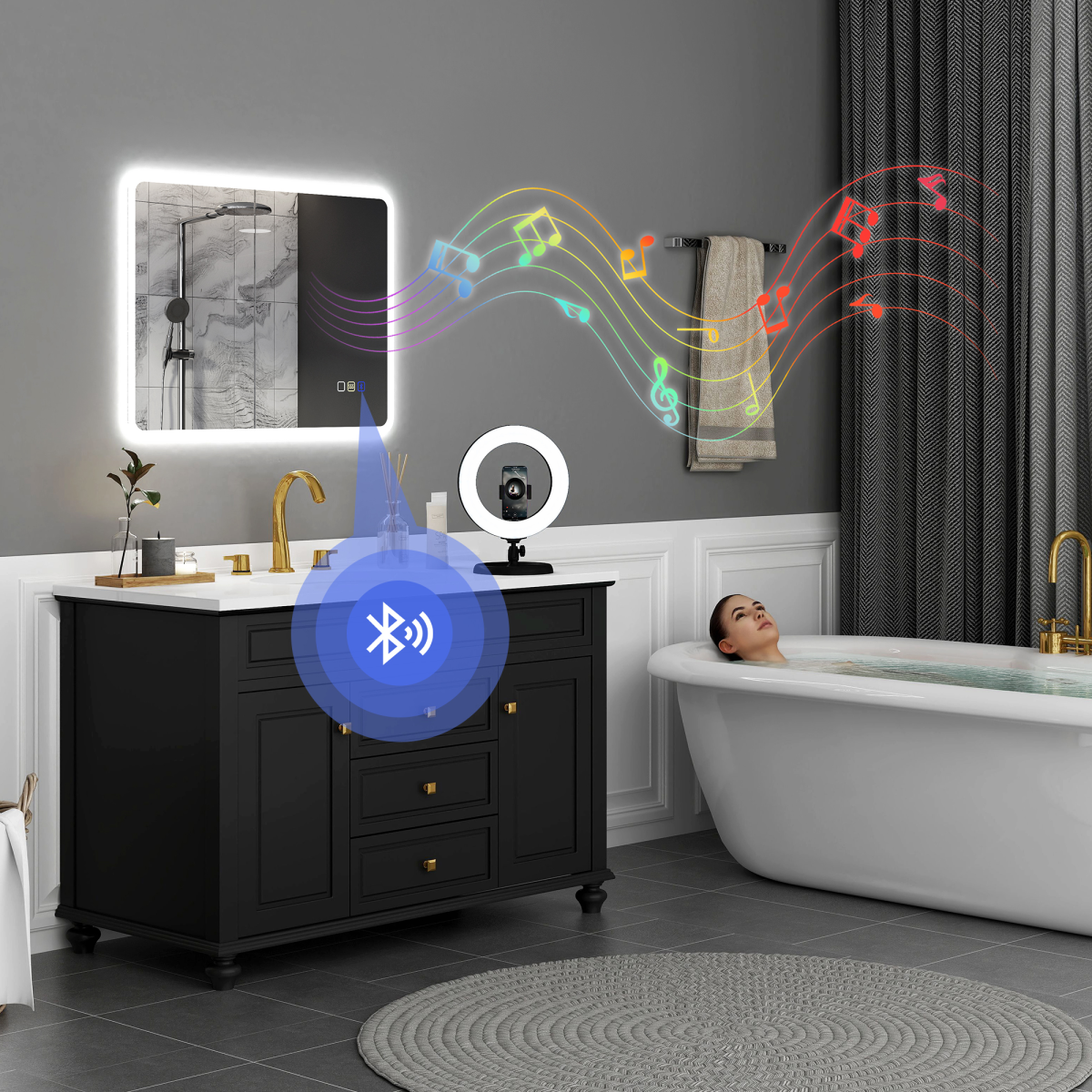 HOMCOM 600 x 800 mm Bluetooth Bathroom Mirror with LED Lights Wall Mounted
