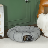 PawHut 2-in-1 Cat Tunnel with Bed, Zip-Together Play Tunnel with Hanging Toy Ball for Indoor Cats, Grey