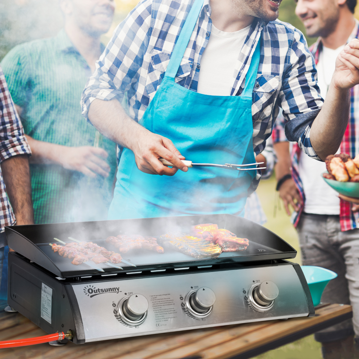 Outsunny Portable Gas Plancha BBQ Grill with 3 Stainless Steel Burners, 9kW – Non-Stick Hotplate