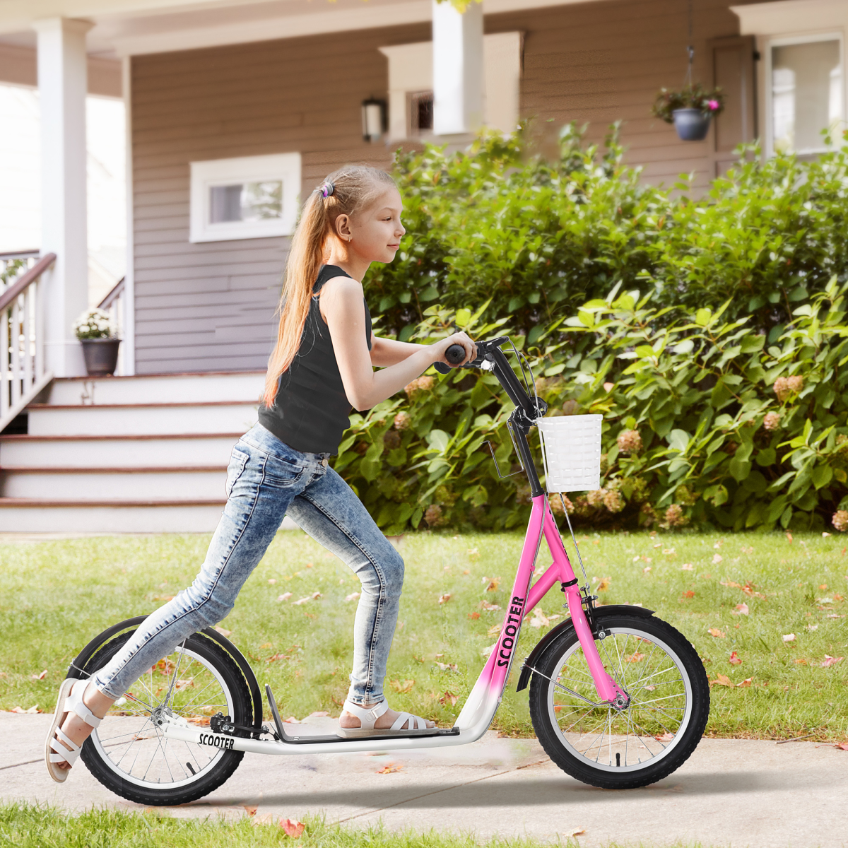 HOMCOM Kids Kick Scooter with Adjustable Handlebar, Dual Brakes & Basket – Big Wheel Scooter for Ages 5-12