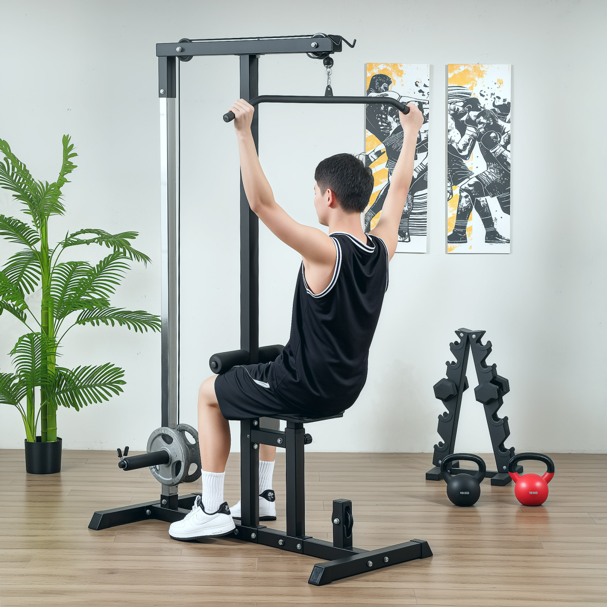 HOMCOM Power Tower with Lat Pulldown, Seated Row & Adjustable Seat – Home Gym Pull Up Station, 100kg Max Load