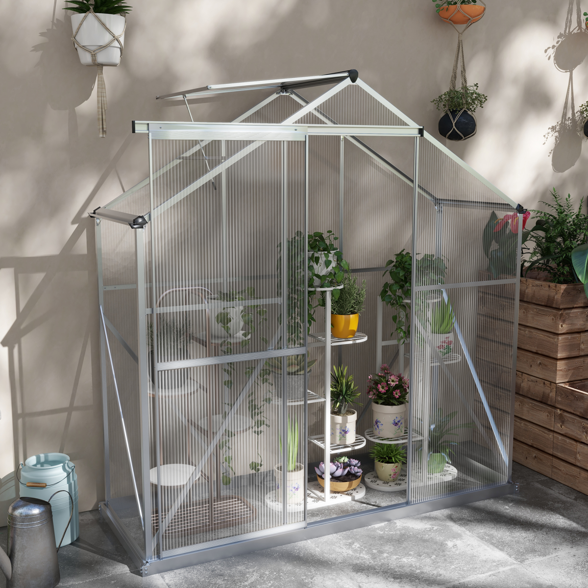 Outsunny 6 x 2.5ft Polycarbonate Greenhouse with Aluminium Frame & Sliding Door – Adjustable Vent, Silver