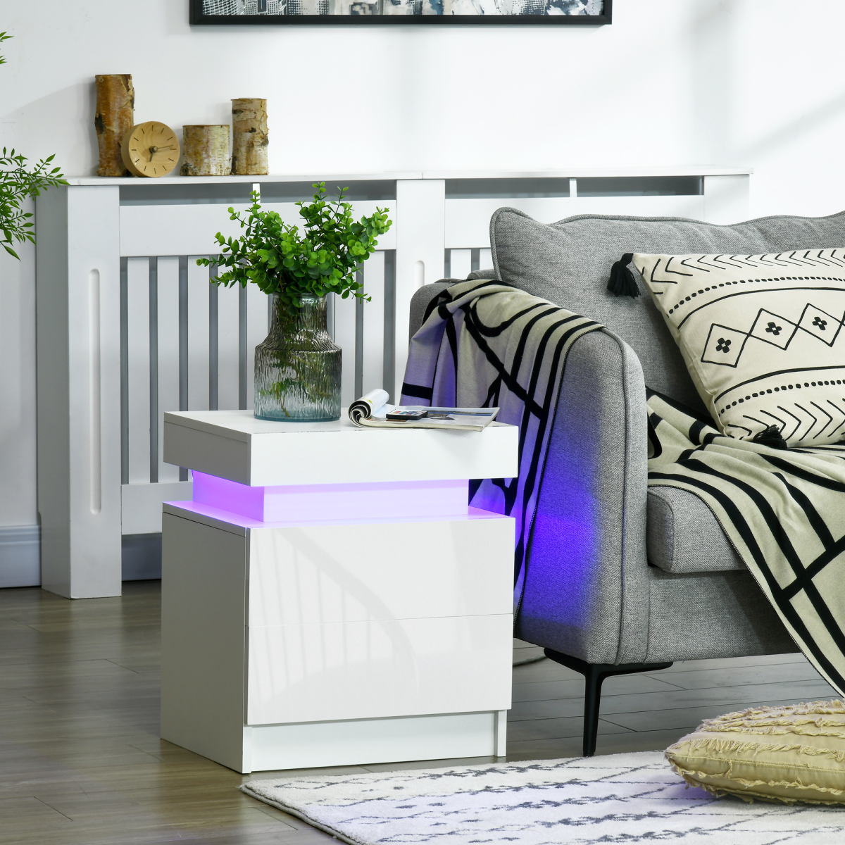 HOMCOM White High Gloss Bedside Table with LED Light Strip and 2 Drawers – Bedroom Nightstand with Storage