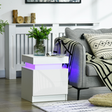 HOMCOM White High Gloss Bedside Table with LED Light Strip and 2 Drawers – Bedroom Nightstand with Storage