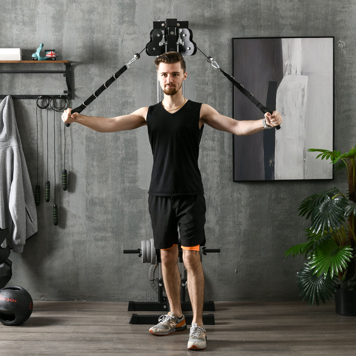 SPORTNOW Wall Mount Cable Station with 15-Position Adjustable Dual Pulleys – Home Gym Cable Machine, Black