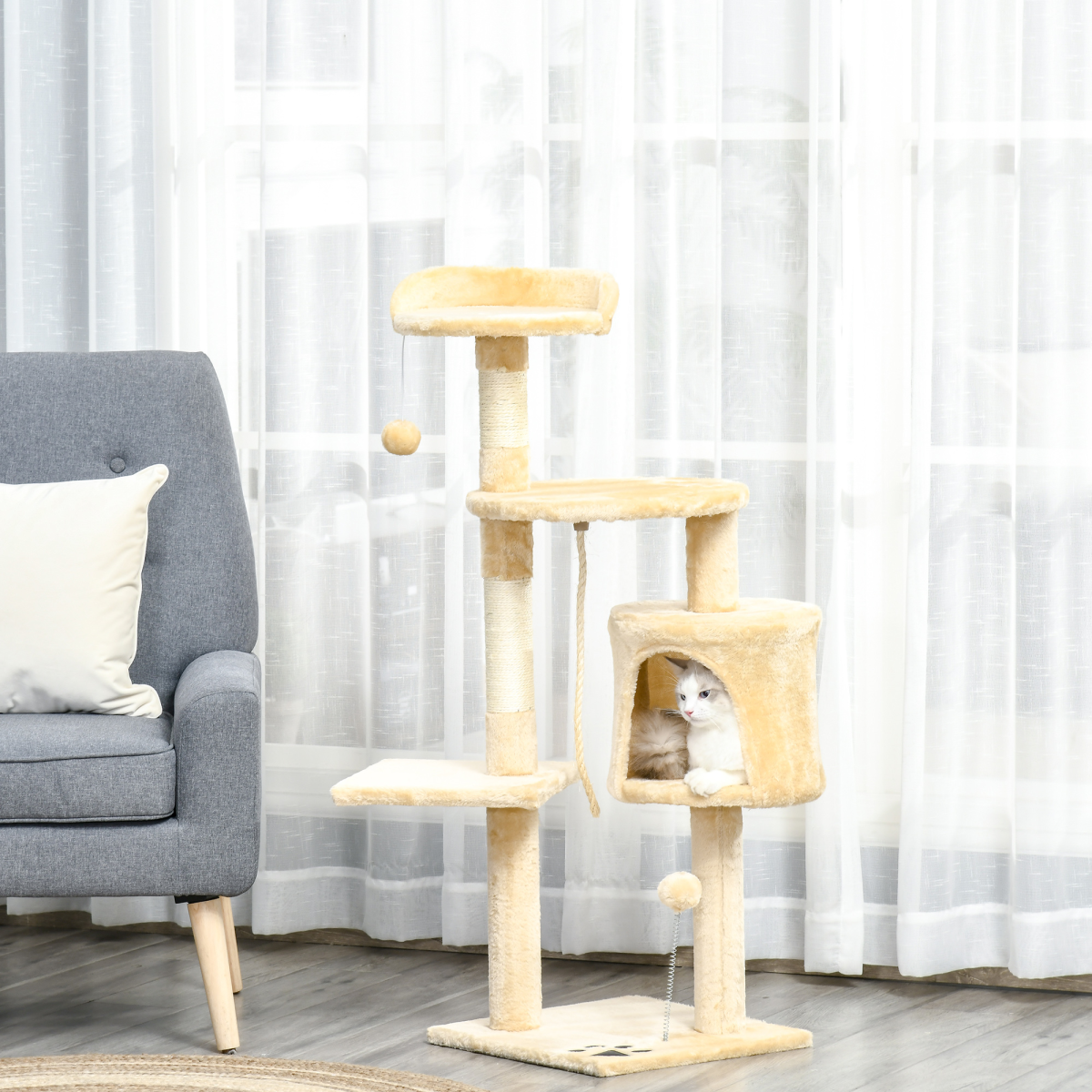 Pawhut 114cm Four-Tier Cat Tree with Sisal Posts, Condo and Dangling Toys – Indoor Activity Centre, Beige