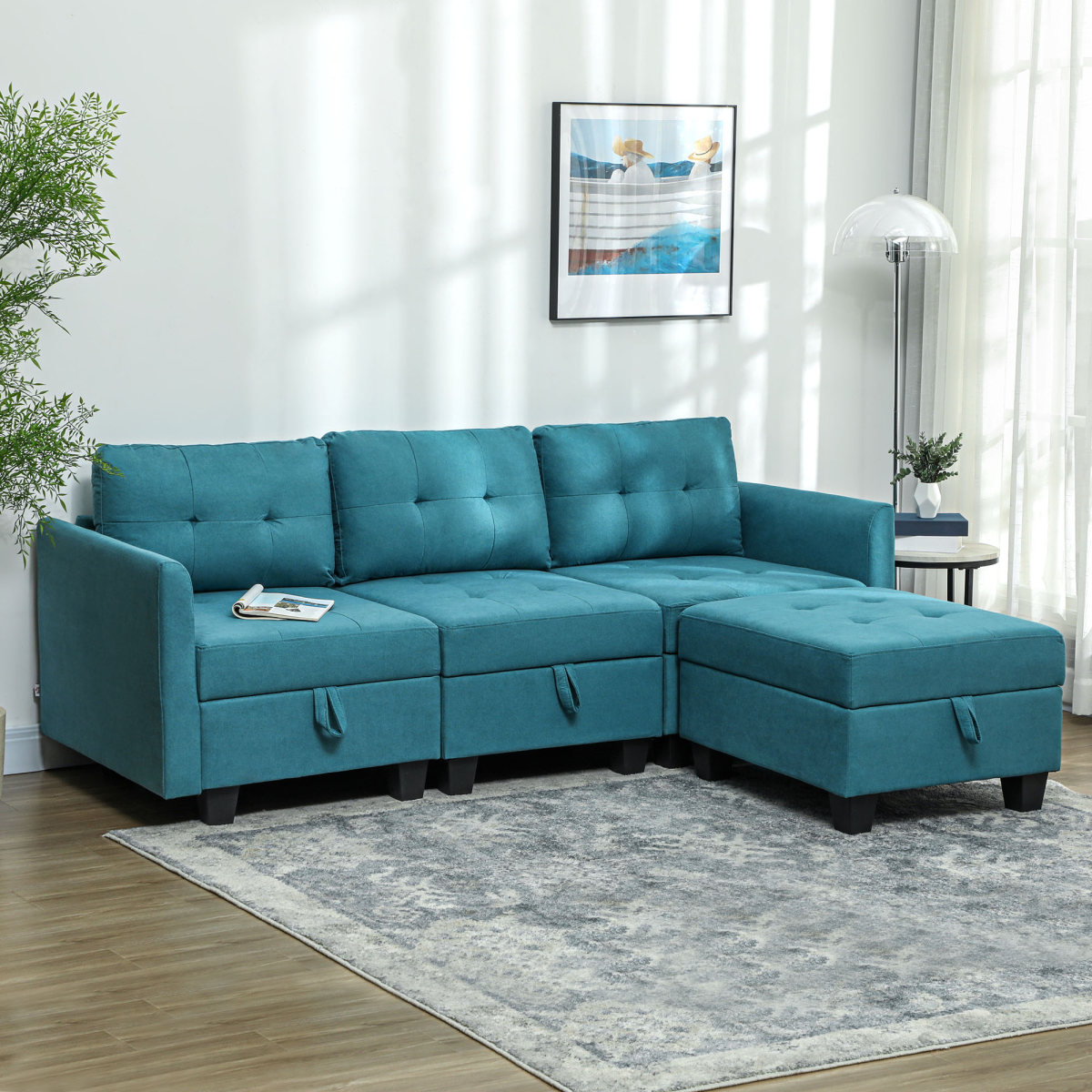 HOMCOM Convertible Modular Sectional Sofa with Built-In Storage – L-Shape Family Seating, Light Blue